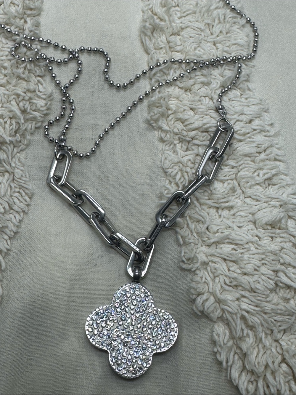 Long Stainless Steel Pavé Clover Pendant Necklace